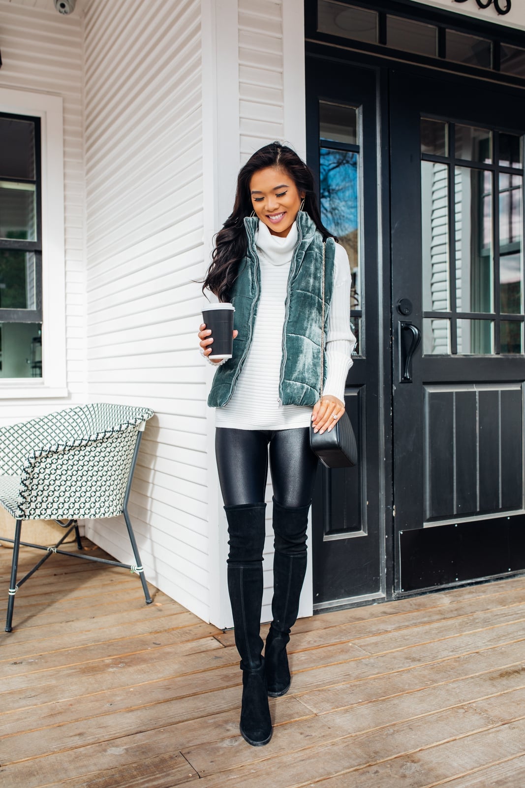 White Turtleneck Sweater With Green Velvet Vest And Leggings, Knit White Turtleneck Sweater With Green Velvet Vest And Leggings, Knit — White Sweater Outfit