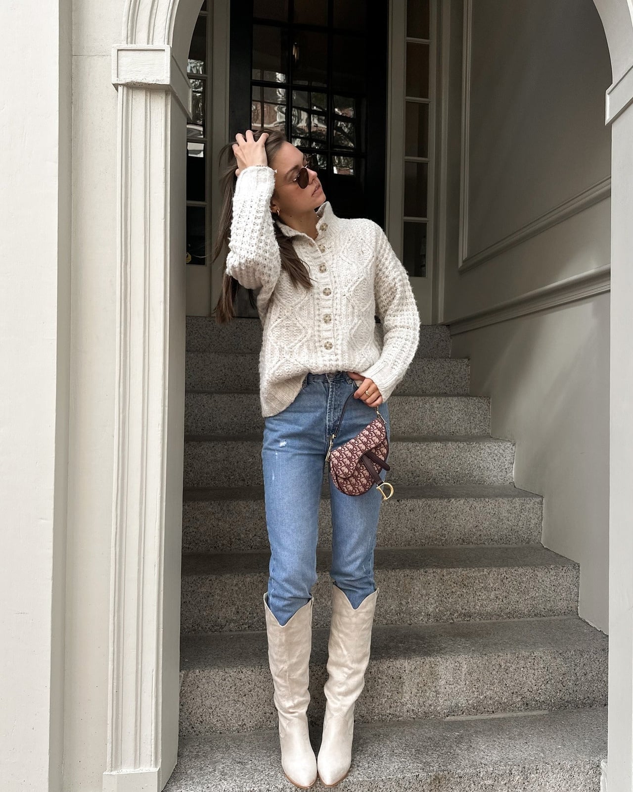 Cream Button-Front Cardigan With White Cowboy Boots Cream Button-Front Cardigan With White Cowboy Boots — White Sweater Outfit