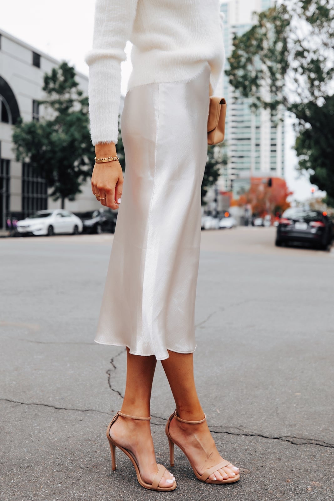 White Fuzzy Sweater With Champagne Satin Midi Skirt White Fuzzy Sweater With Champagne Satin Midi Skirt — White Sweater Outfit