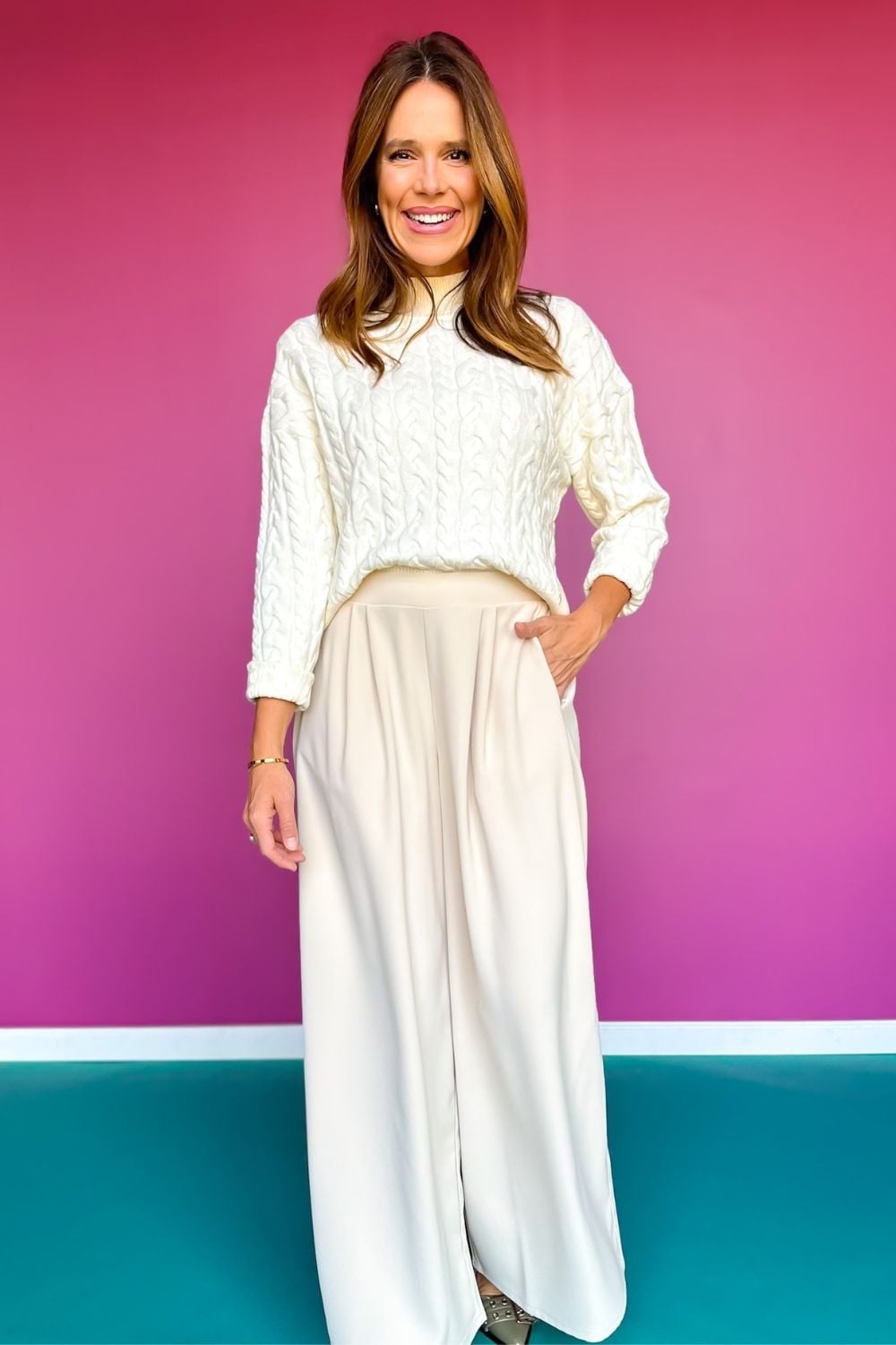 White Cable Knit Sweater With Cream Wide-Leg Trousers White Cable Knit Sweater With Cream Wide-Leg Trousers — White Sweater Outfit