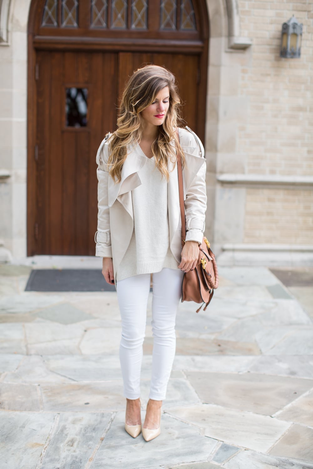 Cream V-Neck Sweater With Draped Jacket And White Jeans Cream V-Neck Sweater With Draped Jacket And White Jeans — White Sweater Outfit