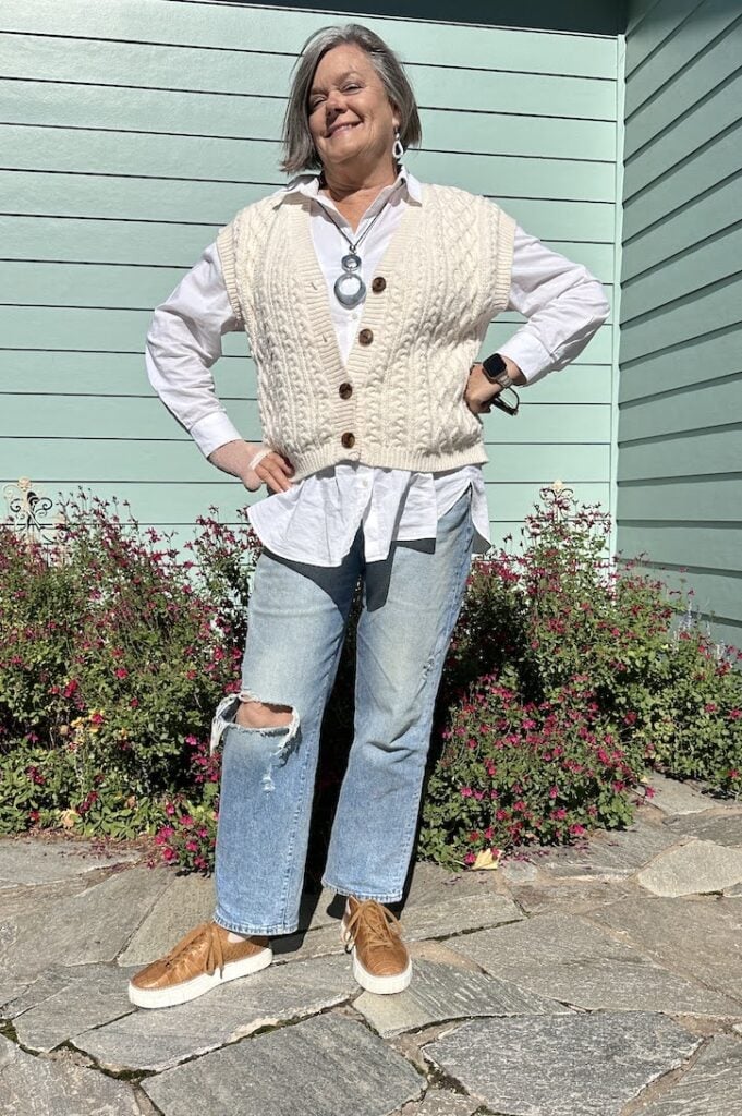 Cream Sweater Vest Over White Button-Down Shirt Cream Sweater Vest Over White Button-Down Shirt — White Sweater Outfit
