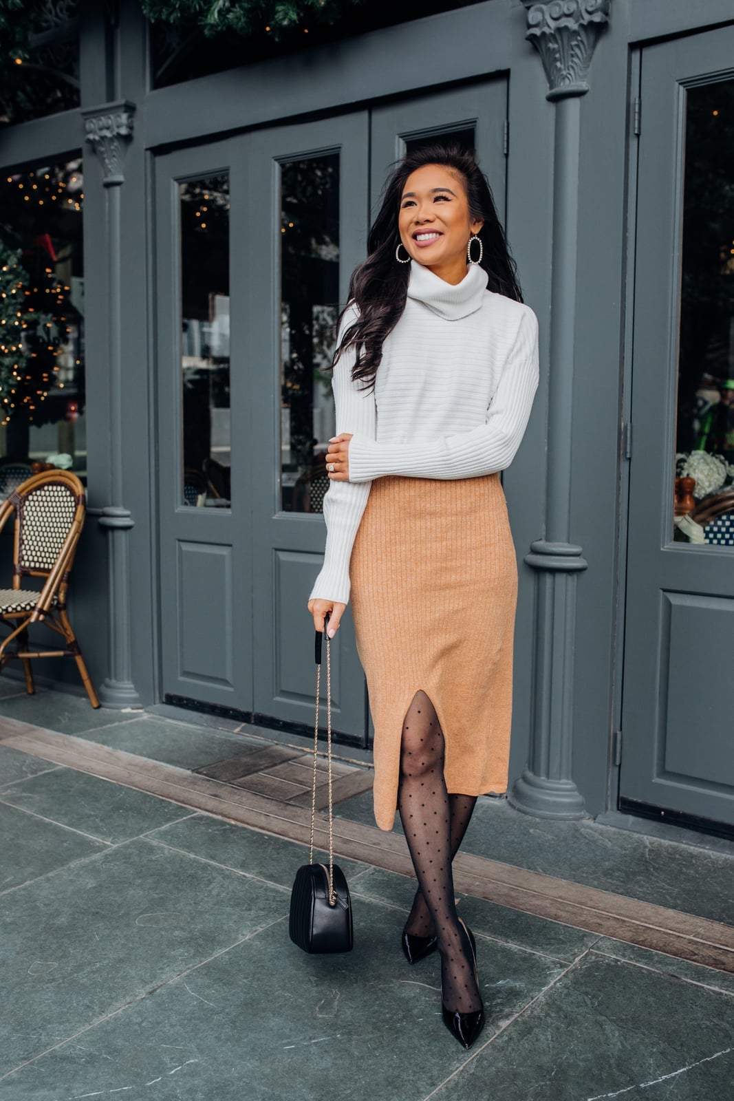 White Turtleneck Sweater With Tan Ribbed Midi Skirt White Turtleneck Sweater With Tan Ribbed Midi Skirt — White Sweater Outfit