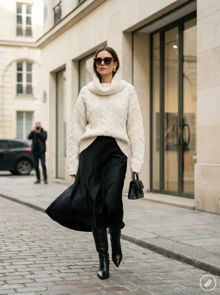 Oversized White Cable Knit Sweater With Satin Midi Skirt Oversized White Cable Knit Sweater With Satin Midi Skirt — White Sweater Outfit