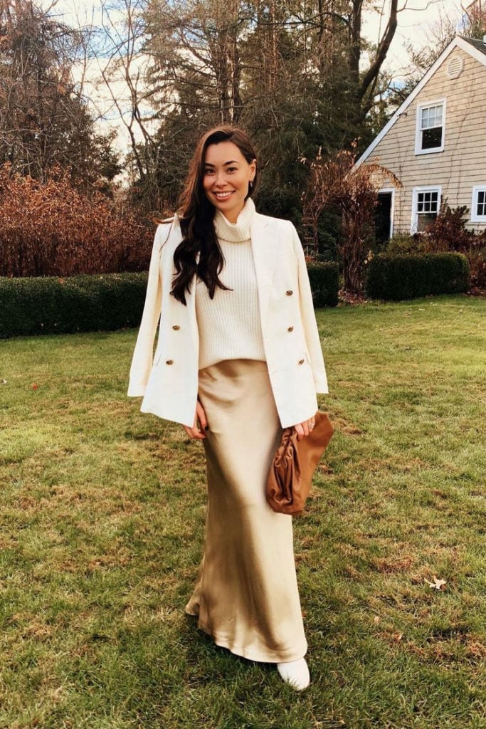 Cream Turtleneck Sweater Under Double-Breasted Blazer Cream Turtleneck Sweater Under Double-Breasted Blazer — White Sweater Outfit