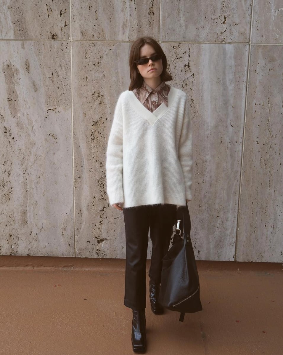 Oversized White V-Neck Sweater Over Collared Shirt Oversized White V-Neck Sweater Over Collared Shirt — White Sweater Outfit