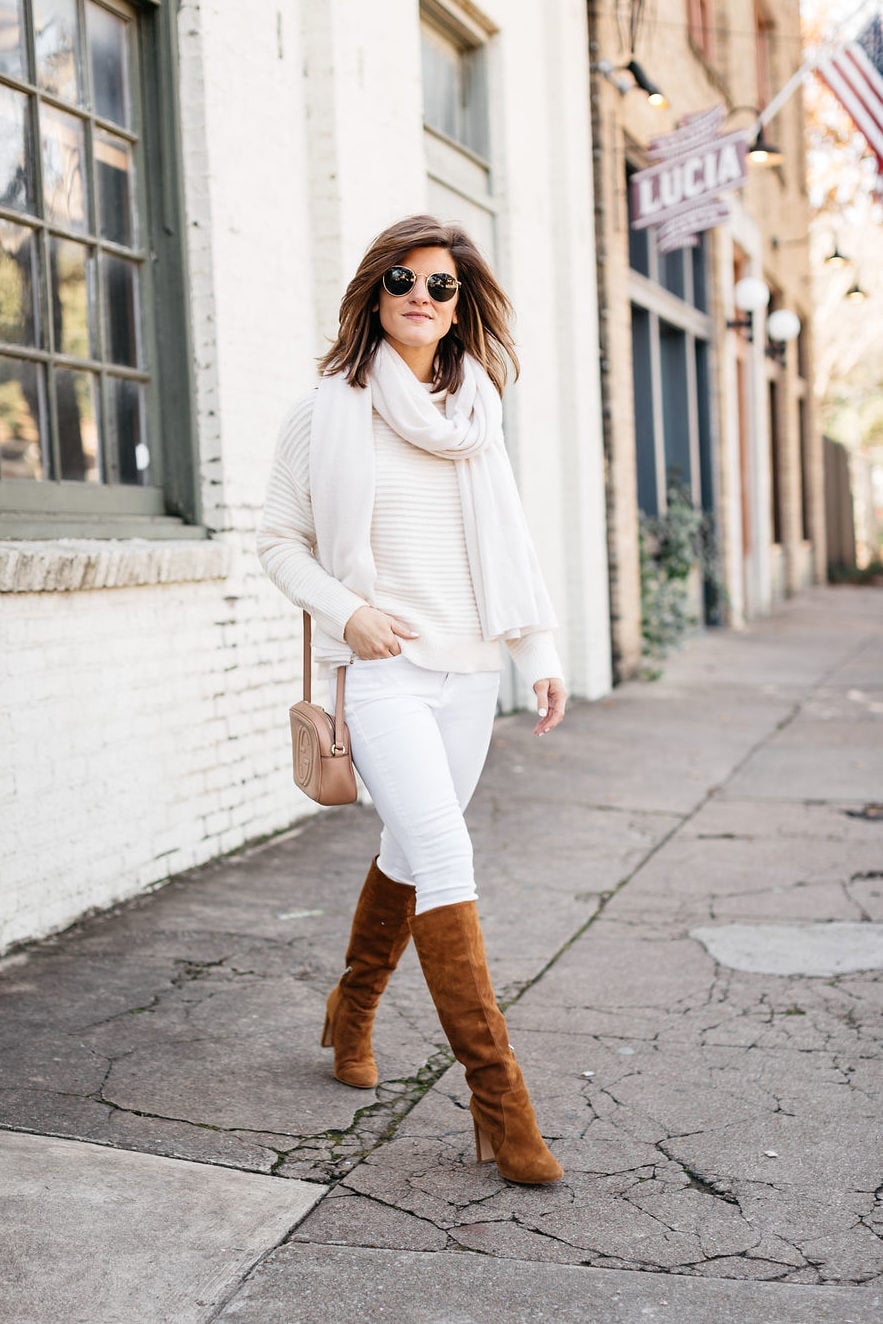 Cream Sweater With Matching Scarf And White Jeans Cream Sweater With Matching Scarf And White Jeans — White Sweater Outfit