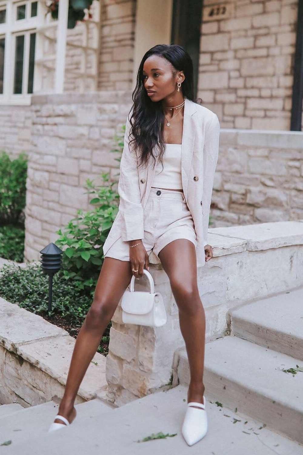 White Linen Crop Top With Beige Blazer White Linen Crop Top With Beige Blazer — White Top Outfits
