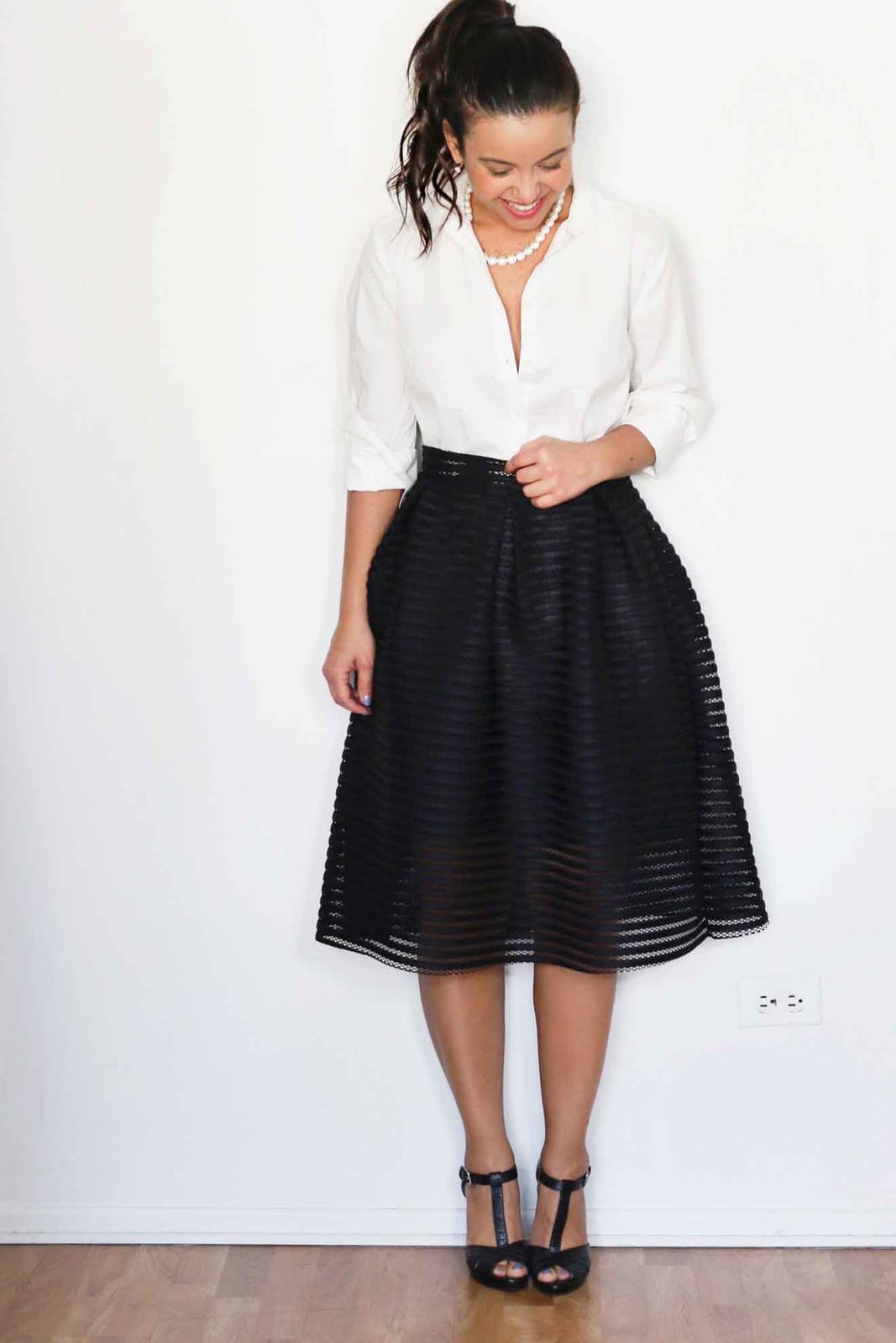White Button Down Shirt With Black Midi Skirt White Button Down Shirt With Black Midi Skirt — White Top Outfits