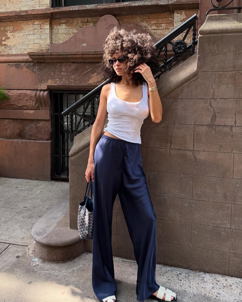 White Ribbed Tank Top With Navy Silk Pants White Ribbed Tank Top With Navy Silk Pants — White Top Outfits