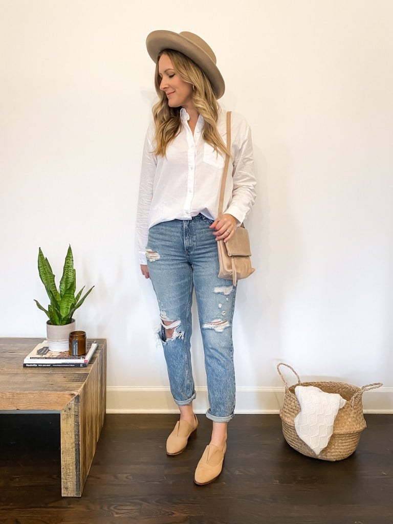 White Button Down Shirt With Distressed Jeans White Button Down Shirt With Distressed Jeans — White Top Outfits