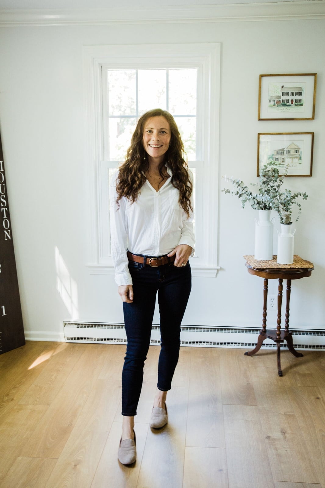 White Button Down Shirt With Skinny Jeans, Beige Loafers White Button Down Shirt With Skinny Jeans, Beige Loafers — White Top Outfits