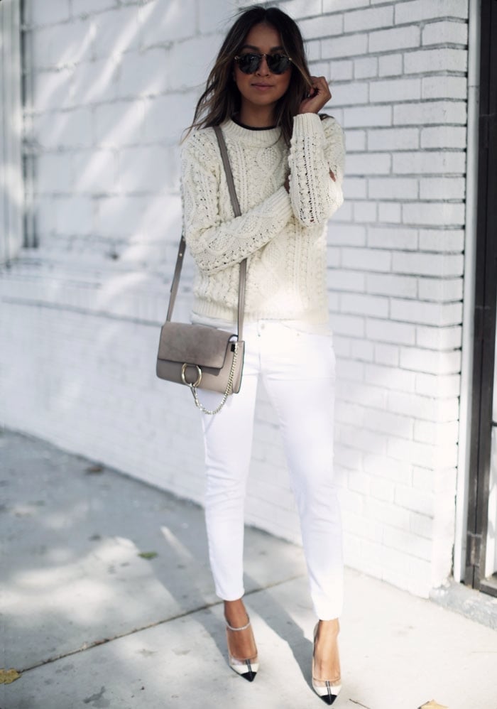 Cable Knit Sweater With Slim Fit White Jeans Cable Knit Sweater With Slim Fit White Jeans — White Top Outfits