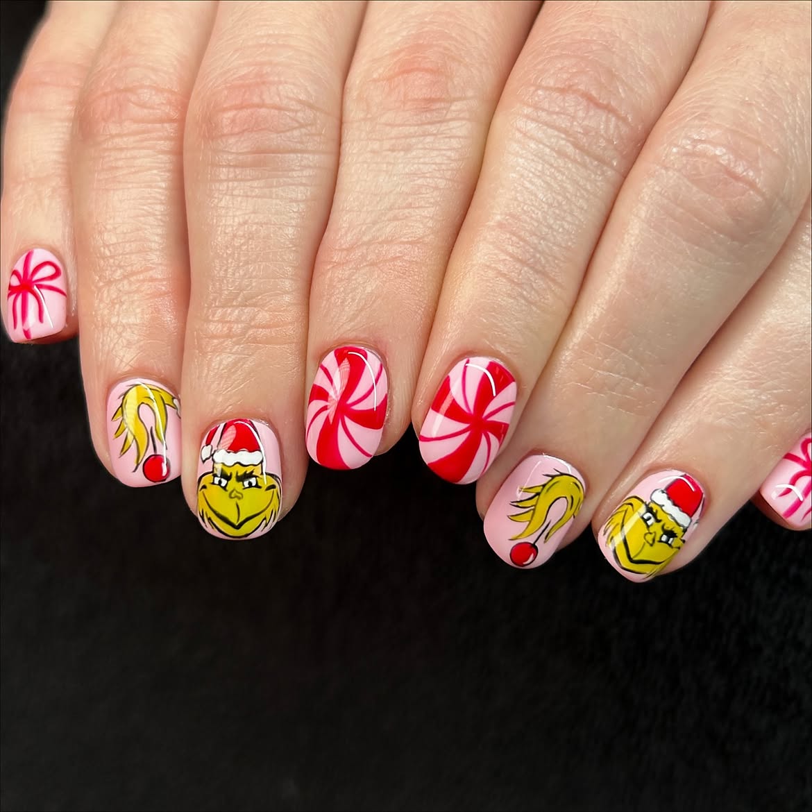 Whoville Pink Grinch And Peppermint Nail Art