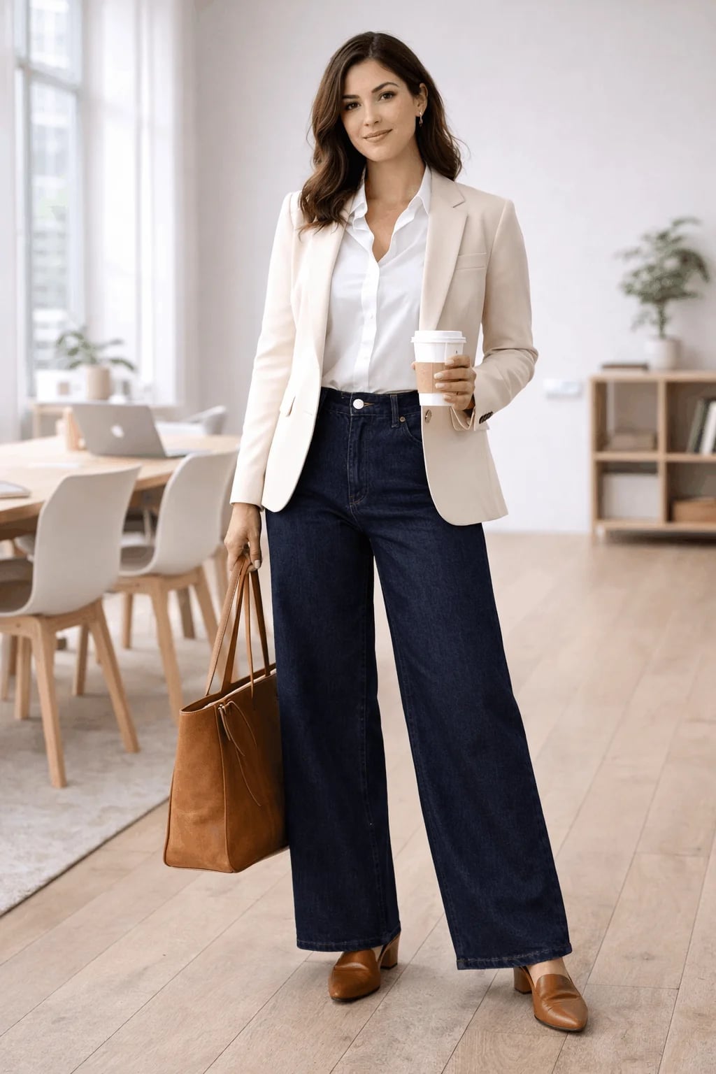 Dark Wash Wide Leg Jeans With Cream Blazer, Brown Loafers Dark Wash Wide Leg Jeans With Cream Blazer, Brown Loafers — Wide Leg Jeans Outfits