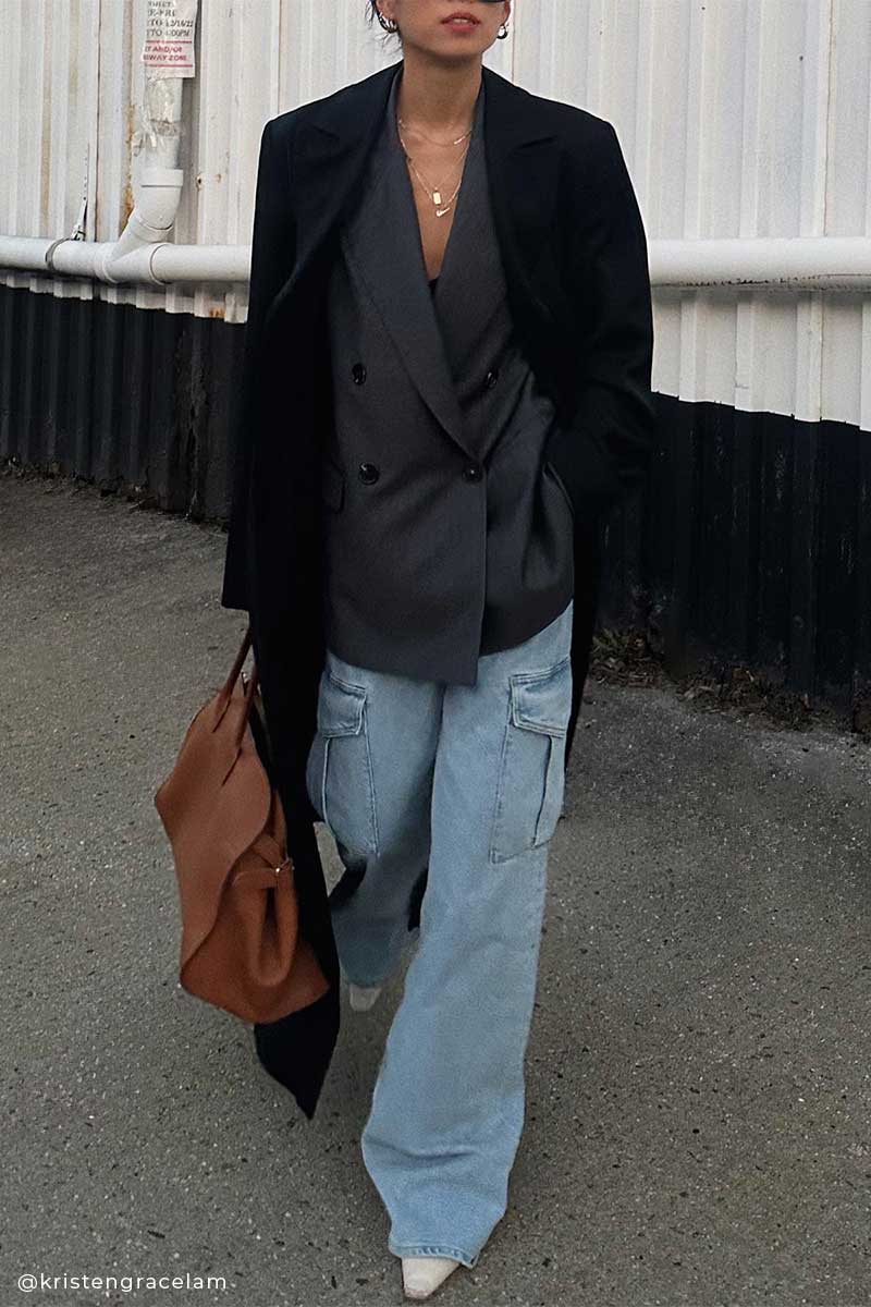 Cargo Wide Leg Jeans With Gray Blazer And Black Coat Cargo Wide Leg Jeans With Gray Blazer And Black Coat — Wide Leg Jeans Outfits