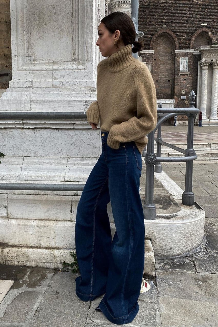 Extremely Wide Leg Dark Wash Jeans With Camel Turtleneck Extremely Wide Leg Dark Wash Jeans With Camel Turtleneck — Wide Leg Jeans Outfits