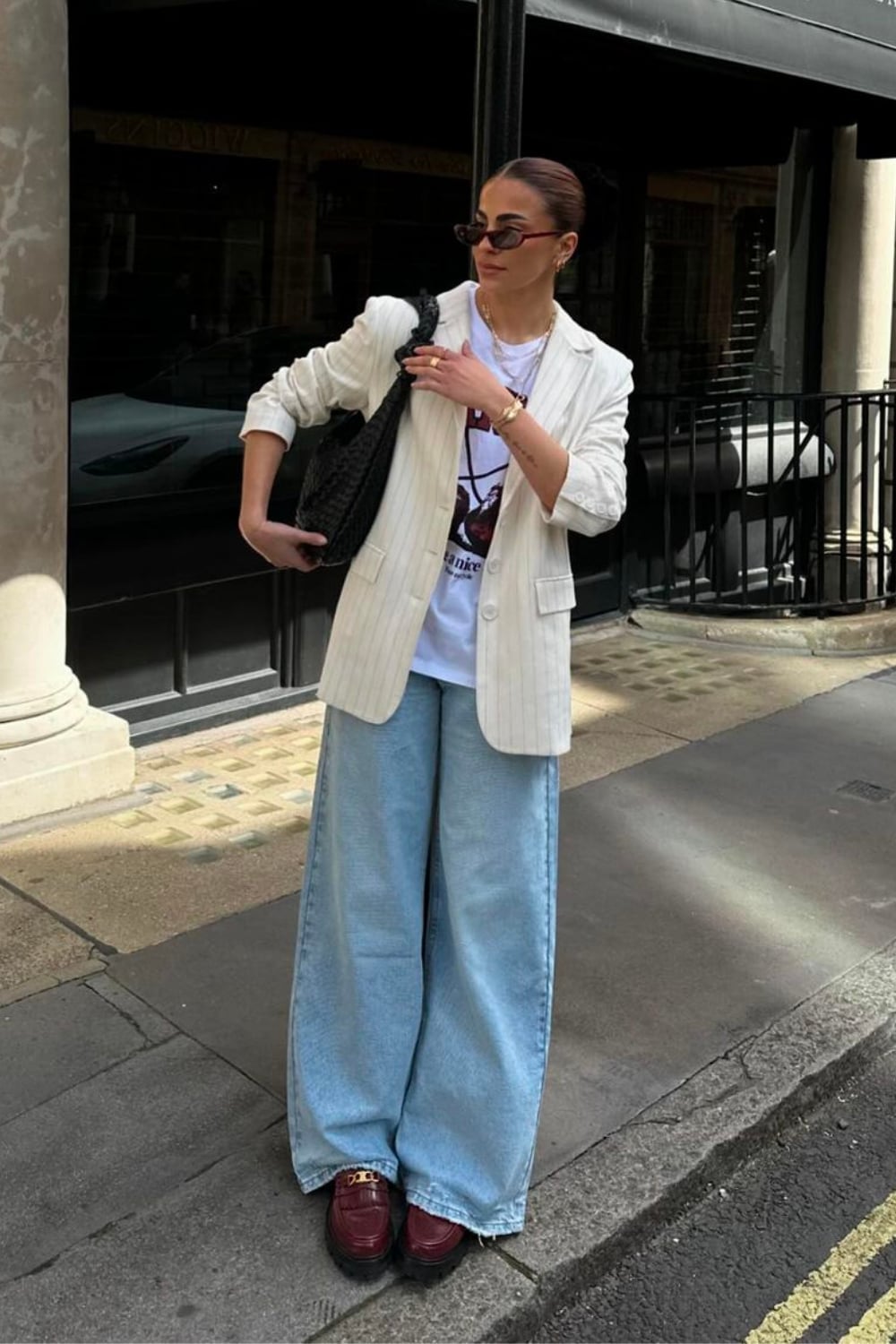 Light Blue Wide Leg Jeans With Pinstriped Blazer, Denim Light Blue Wide Leg Jeans With Pinstriped Blazer, Denim — Wide Leg Jeans Outfits