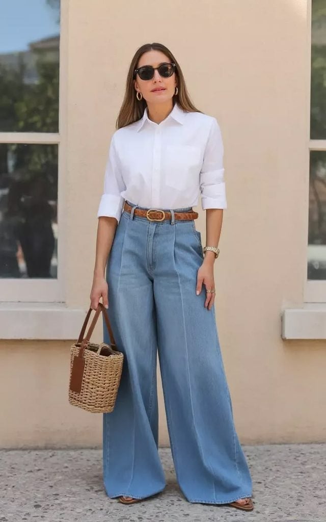 Extremely Wide Leg Light Blue Jeans With White Shirt Extremely Wide Leg Light Blue Jeans With White Shirt — Wide Leg Jeans Outfits