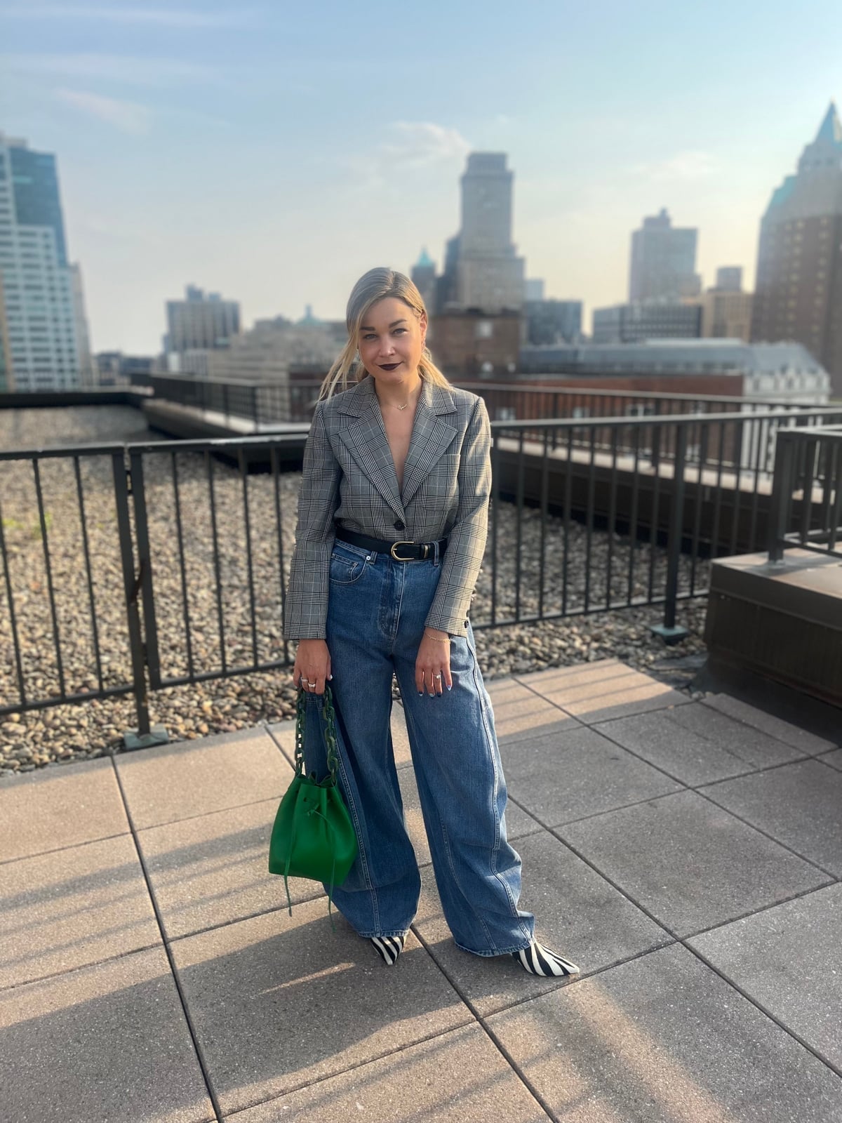 Wide Leg Jeans With Gray Plaid Blazer And Striped Heels Wide Leg Jeans With Gray Plaid Blazer And Striped Heels — Wide Leg Jeans Outfits