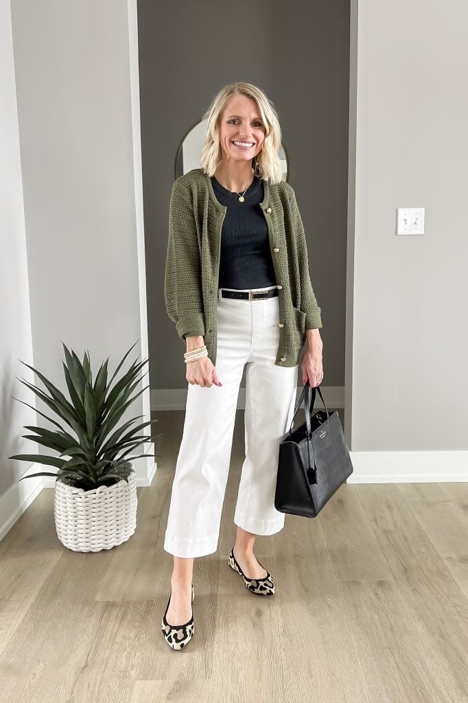 White Cropped Wide Leg Pants With Textured Cardigan White Cropped Wide Leg Pants With Textured Cardigan — Wide Leg Pants Outfits