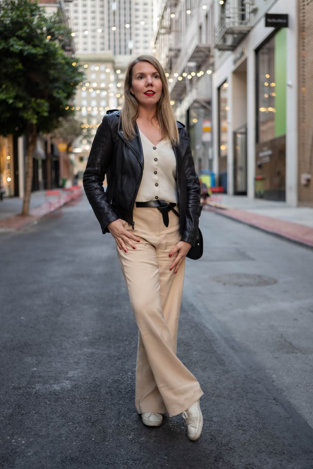 Beige Wide Leg Trousers With Leather Jacket Beige Wide Leg Trousers With Leather Jacket — Wide Leg Pants Outfits