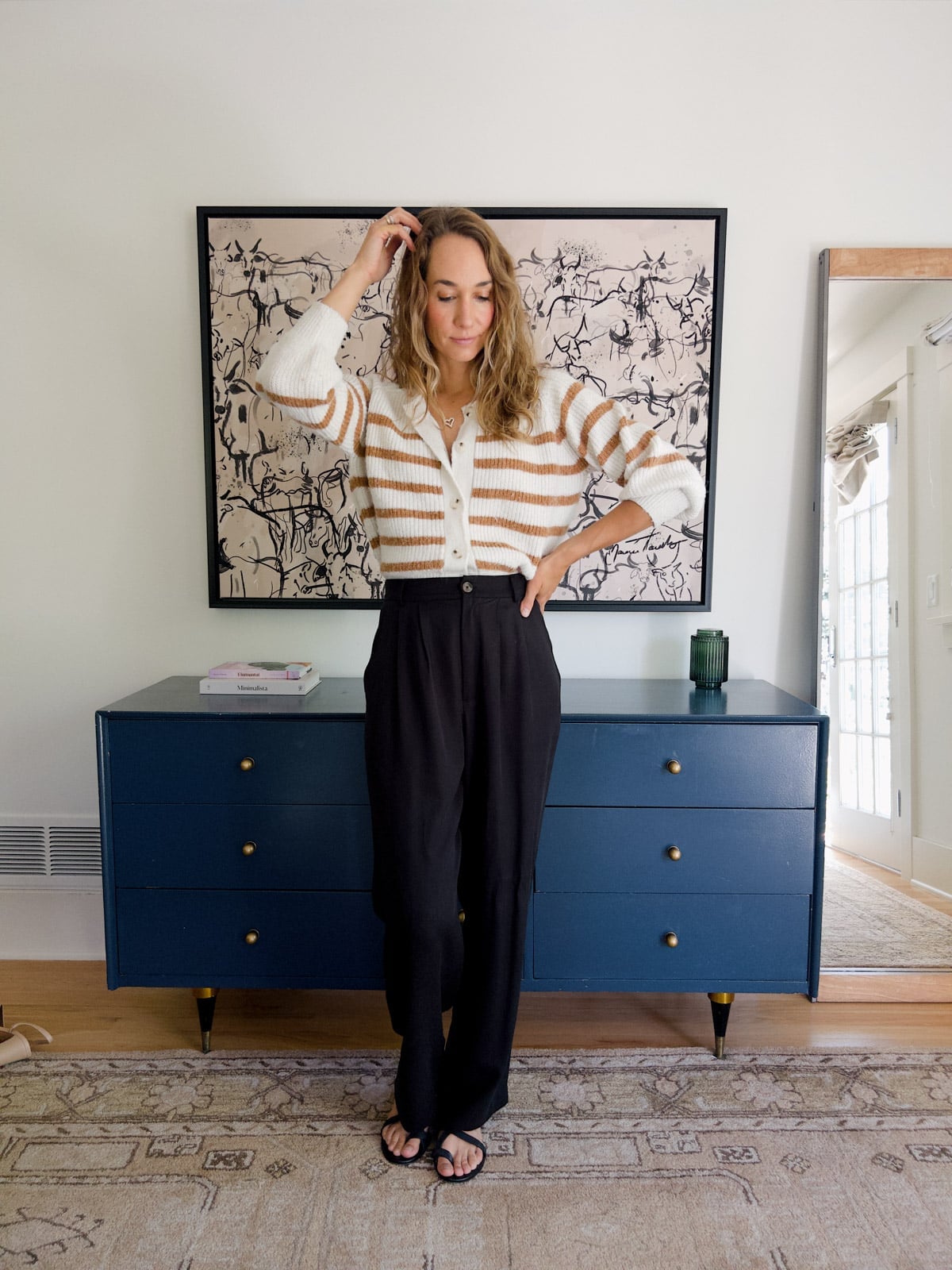 Black Wide Leg Trousers With Striped Cardigan Black Wide Leg Trousers With Striped Cardigan — Wide Leg Pants Outfits
