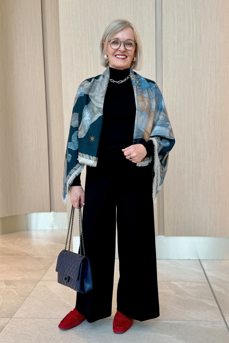 Black Wide Leg Trousers With Printed Scarf Black Wide Leg Trousers With Printed Scarf — Wide Leg Pants Outfits