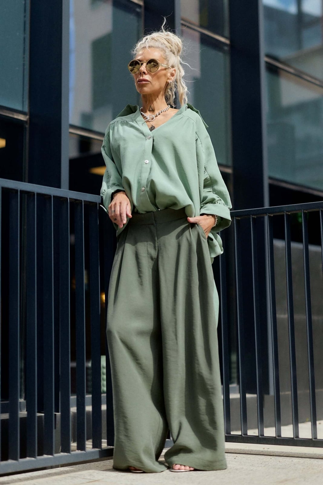 Sage Green Palazzo Wide Leg Trousers With Button Down Sage Green Palazzo Wide Leg Trousers With Button Down — Wide Leg Pants Outfits