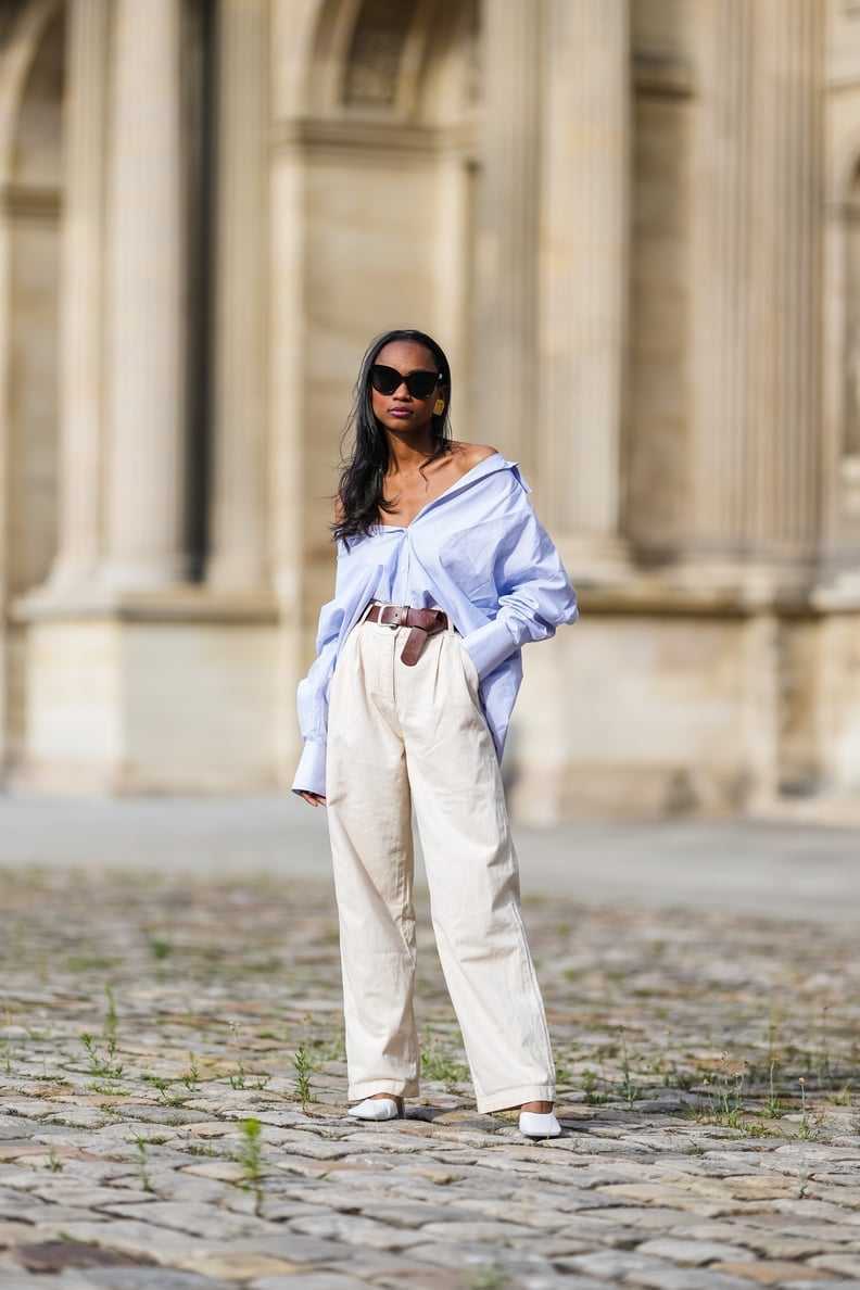 Beige Wide Leg Pleated Pants With Oversized Shirt, Cotton Beige Wide Leg Pleated Pants With Oversized Shirt, Cotton — Wide Leg Pants Outfits