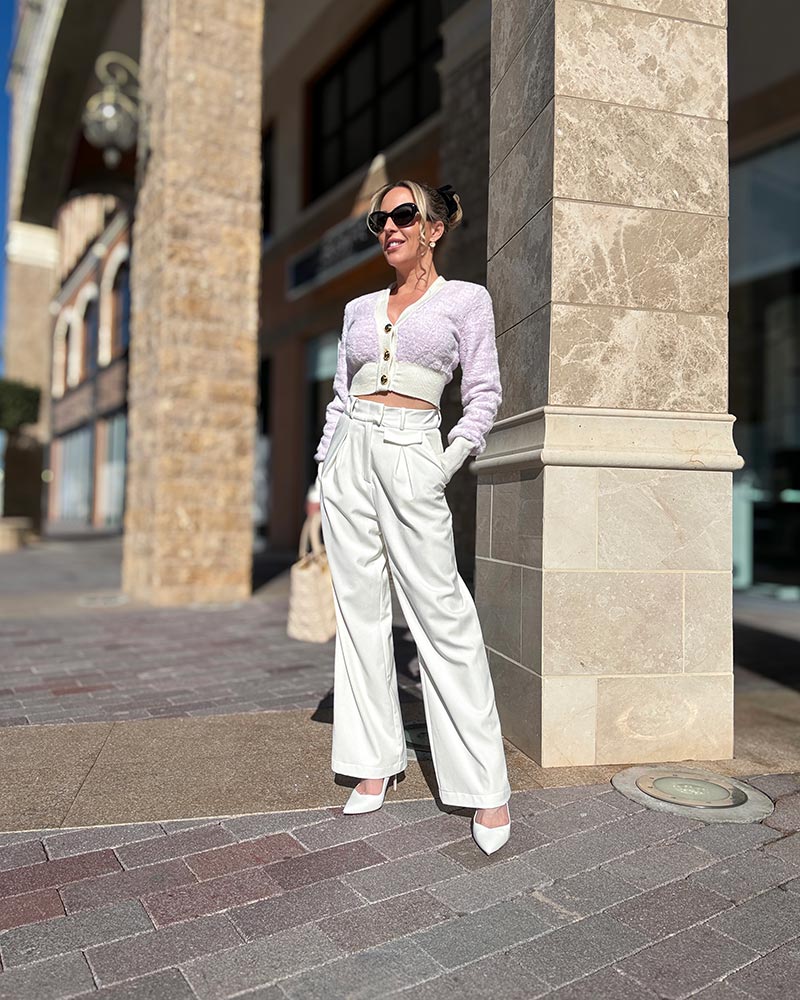 White Faux Leather Wide Leg Pants With Cropped Cardigan White Faux Leather Wide Leg Pants With Cropped Cardigan — Wide Leg Pants Outfits