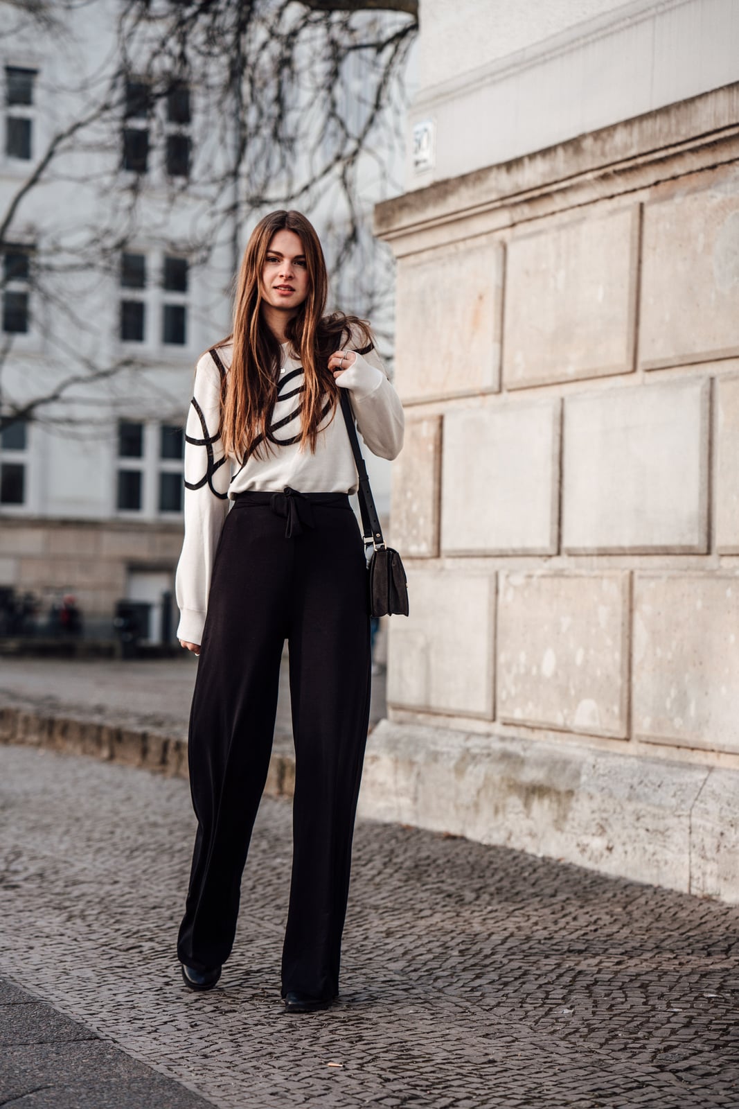 Black Wide Leg Knit Pants With Graphic Sweater Black Wide Leg Knit Pants With Graphic Sweater — Wide Leg Pants Outfits