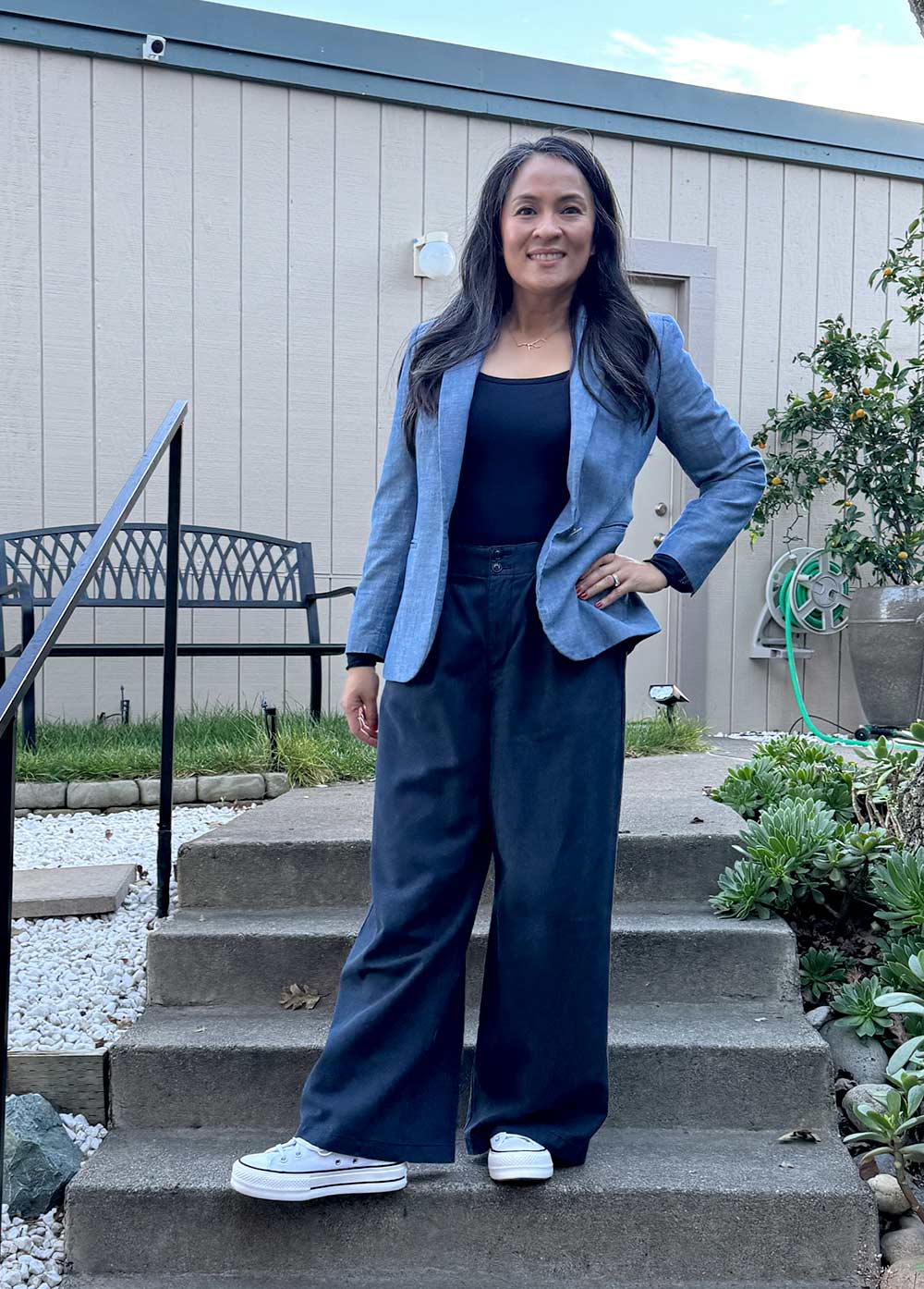 Navy Wide Leg Trousers With Linen Blazer Navy Wide Leg Trousers With Linen Blazer — Wide Leg Pants Outfits