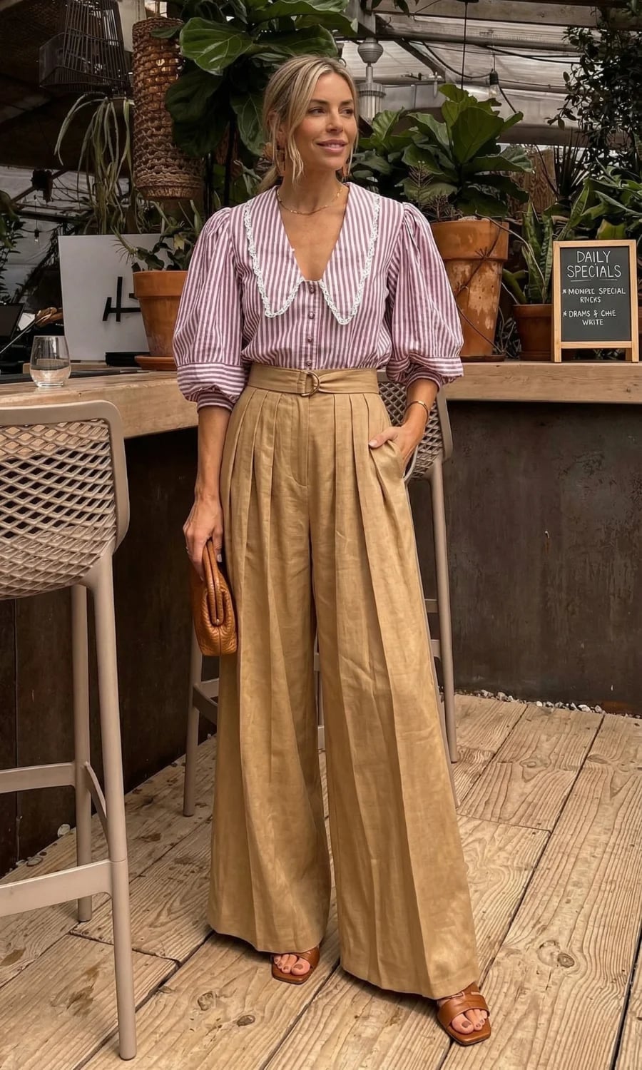 Tan Pleated Wide Leg Trousers With Striped Blouse Tan Pleated Wide Leg Trousers With Striped Blouse — Wide Leg Pants Outfits