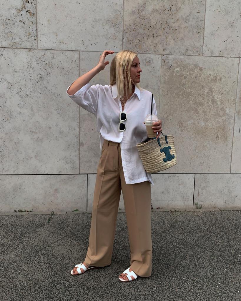 Beige Wide Leg Trousers With Oversized Shirt Beige Wide Leg Trousers With Oversized Shirt — Wide Leg Pants Outfits