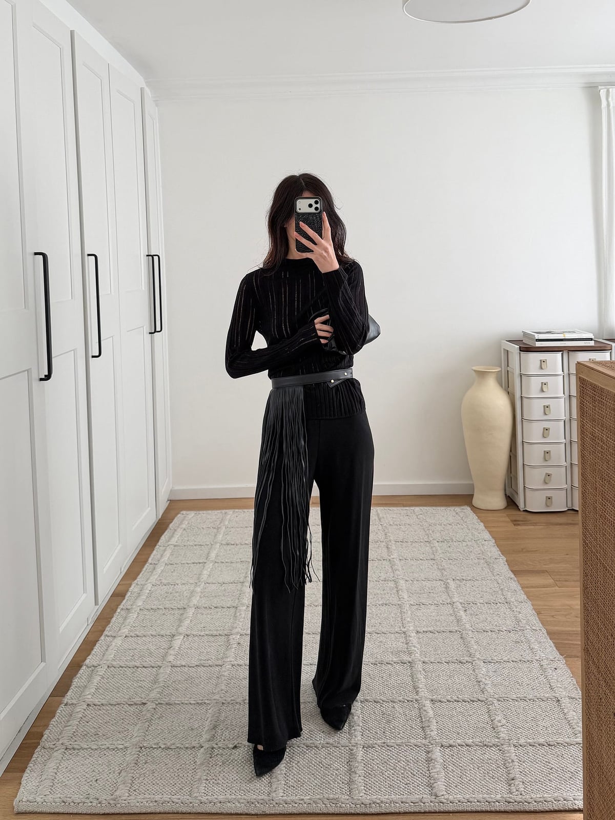 Black Wide Leg Trousers With Fringed Belt Black Wide Leg Trousers With Fringed Belt — Wide Leg Pants Outfits