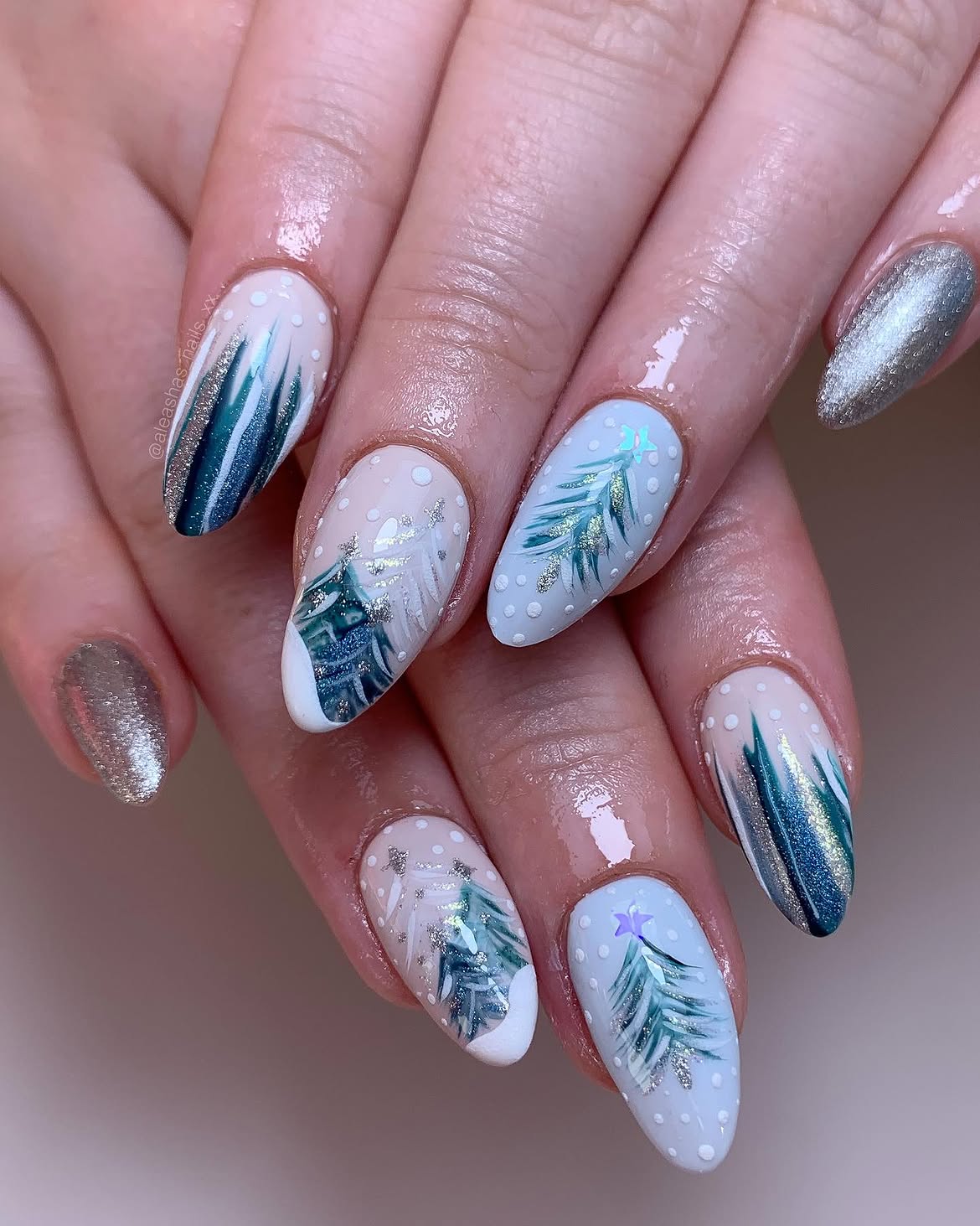Winter Forest Christmas Tree Almond Nails