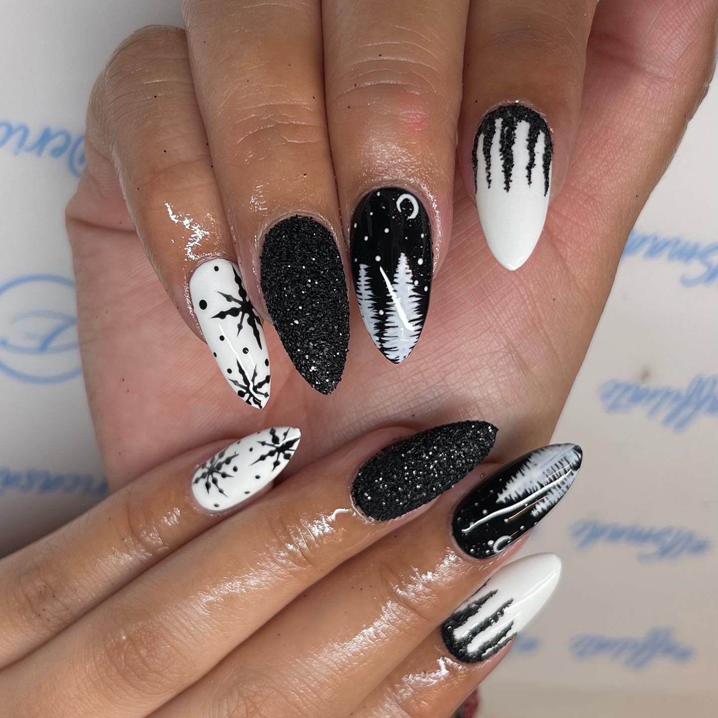 Winter Forest & Snowflakes Almond Nails