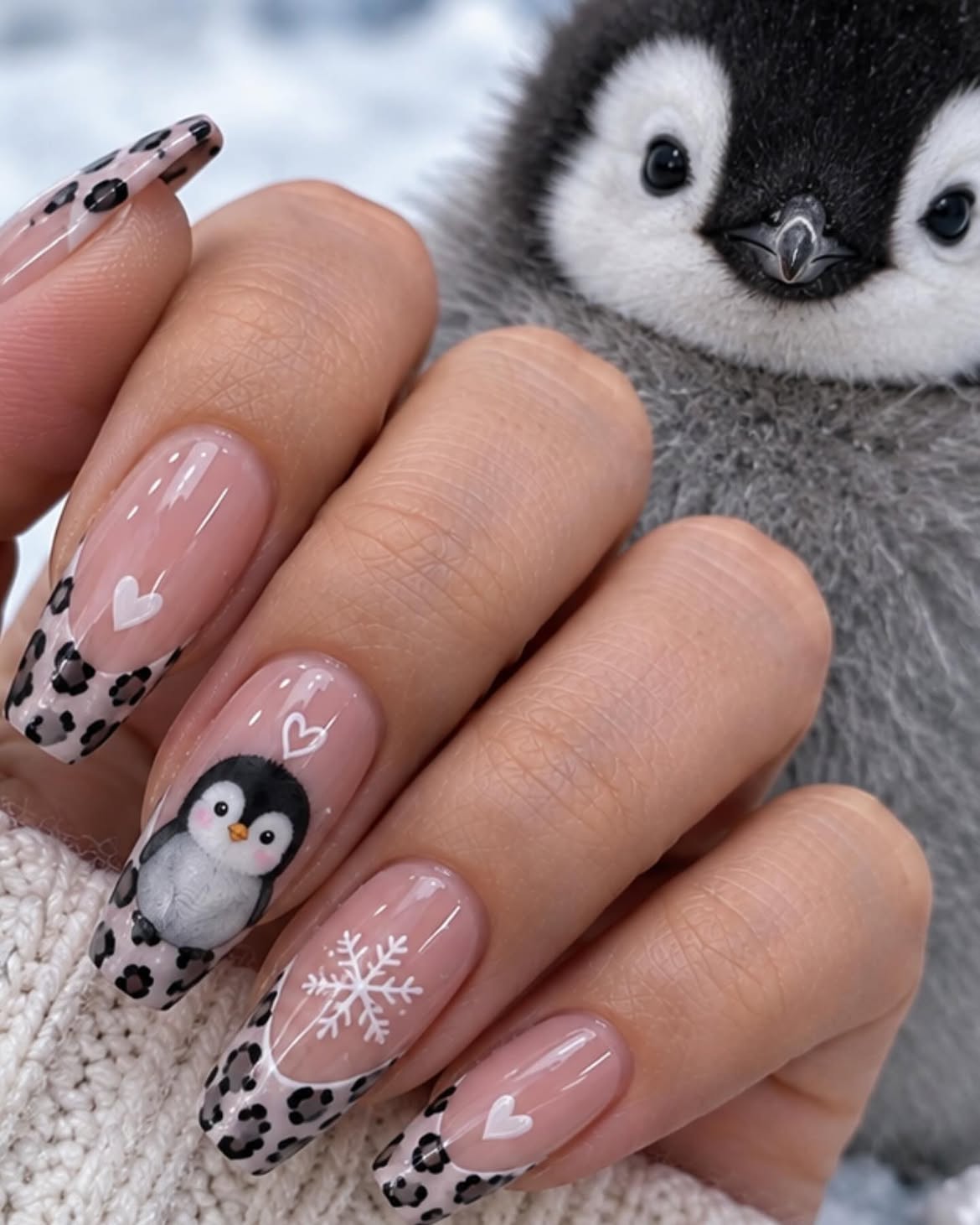 Winter Penguin French Tip Nail Art