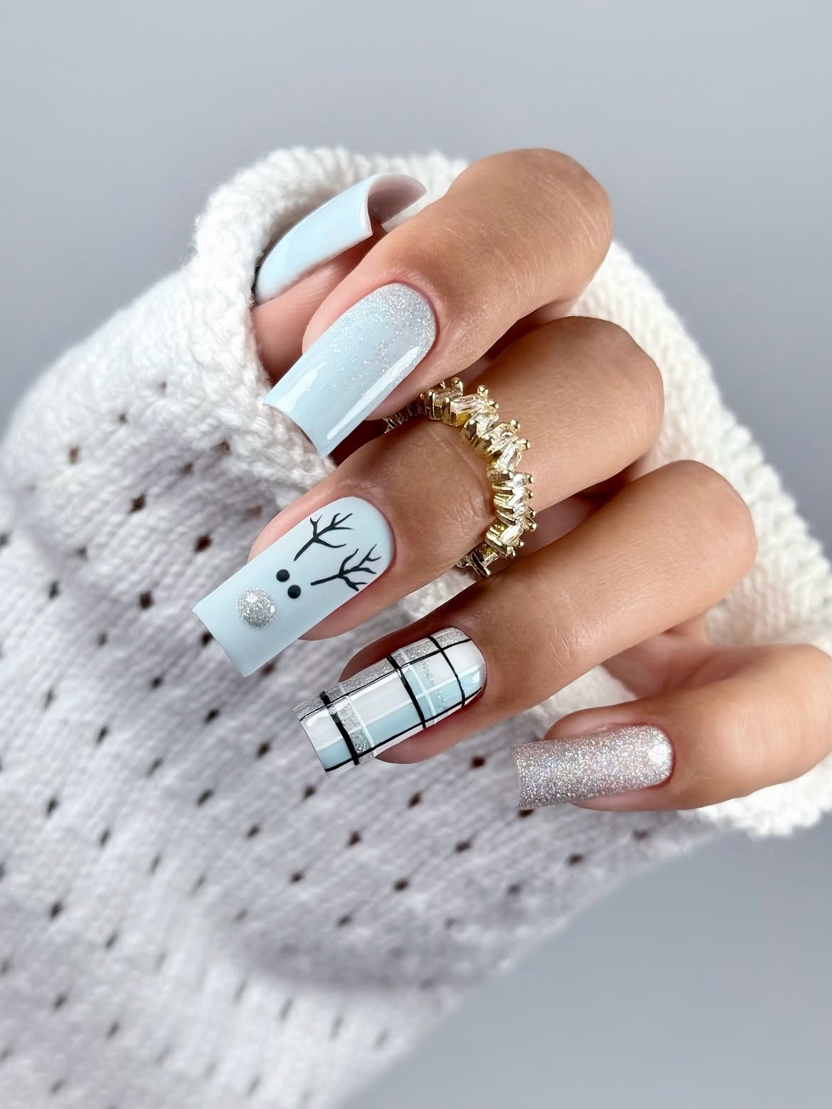 Winter Reindeer Plaid Glitter Coffin Nails