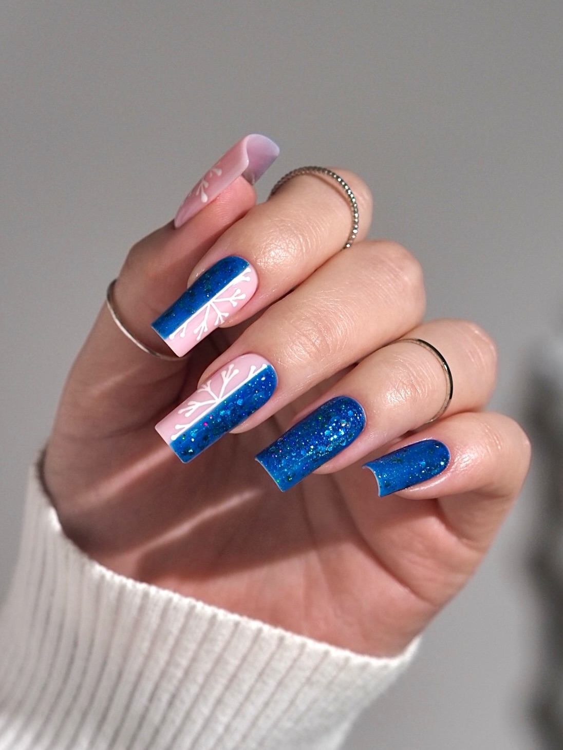 Winter Snowflake Coffin Nails With Blue Glitter