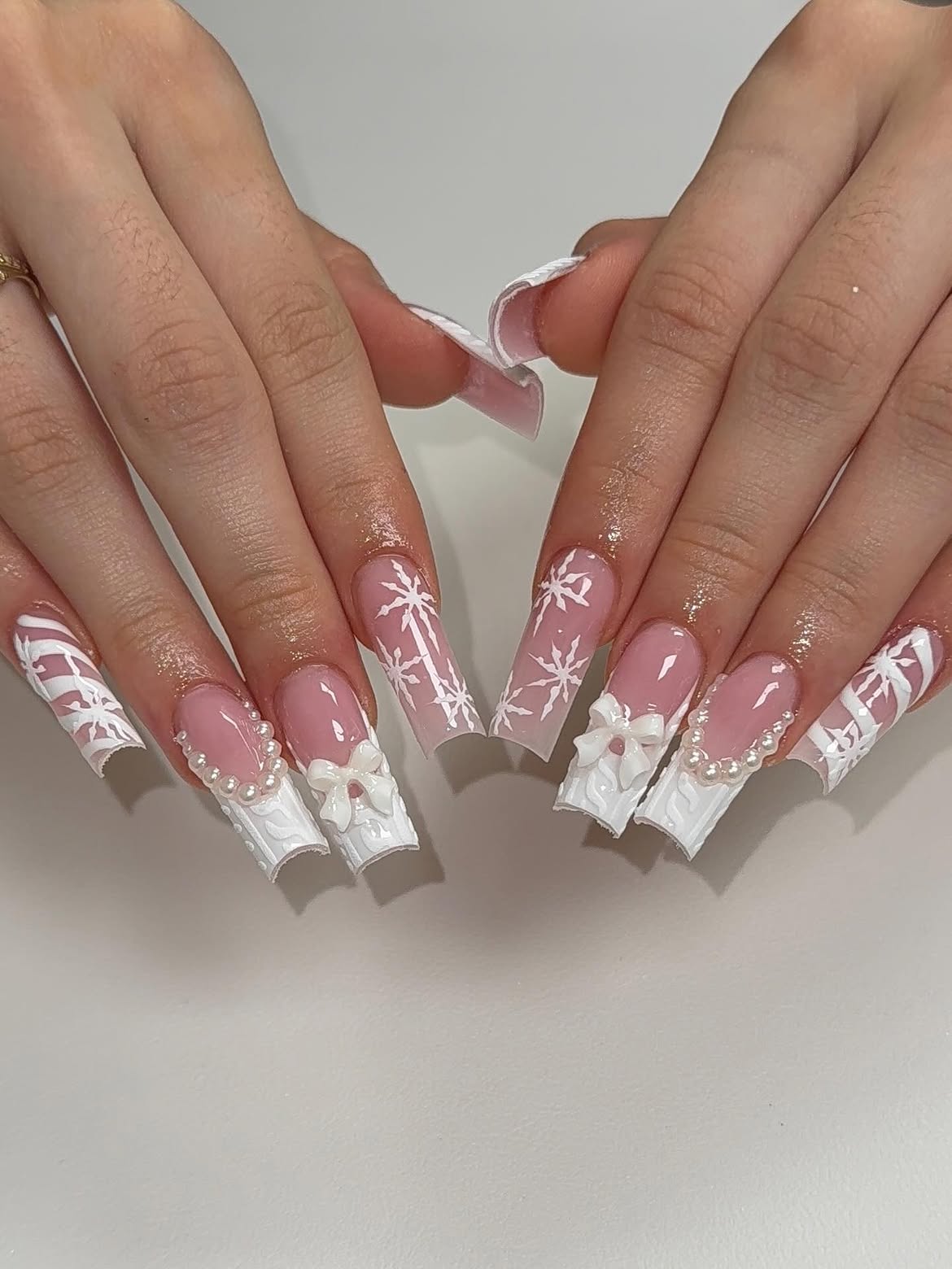 Winter Snowflake French Tip Coffin Nails