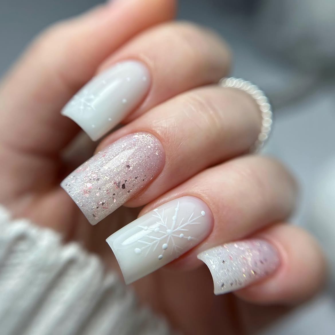 Winter Snowflake Glitter French Tip Nails