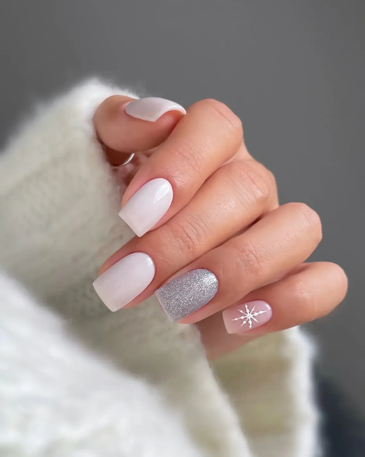 Winter Snowflake Milky White Square Nails