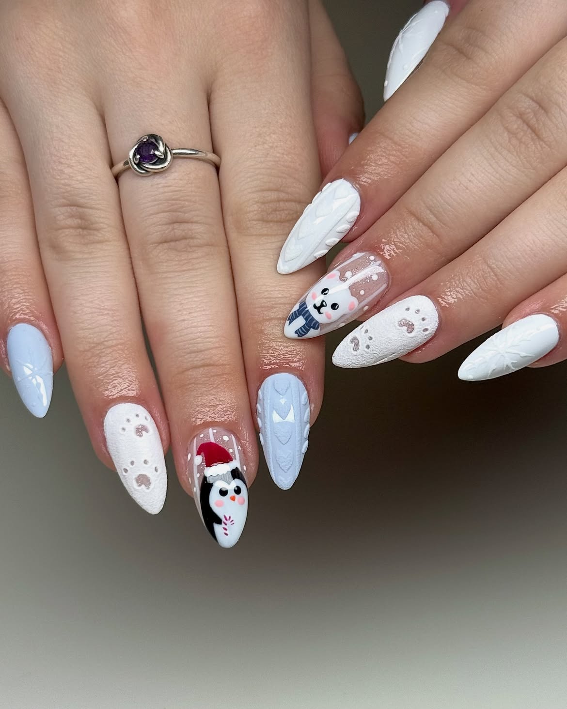 Winter Sweater Penguin and Snow Globe Nails