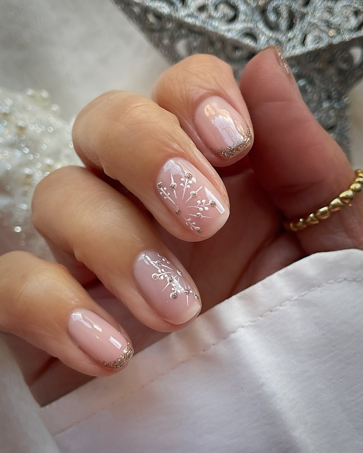 Winter White Dandelion and Glitter French Tips
