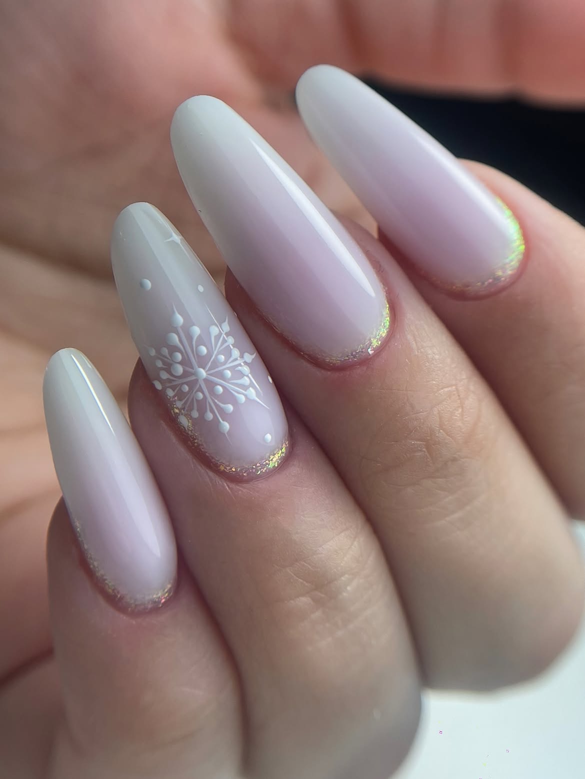 Winter White Snowflake Ombre Almond Nails