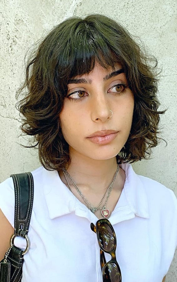 Dark Brown Collarbone Curly Wolf Cut, Soft Bangs Dark Brown Collarbone Curly Wolf Cut, Soft Bangs