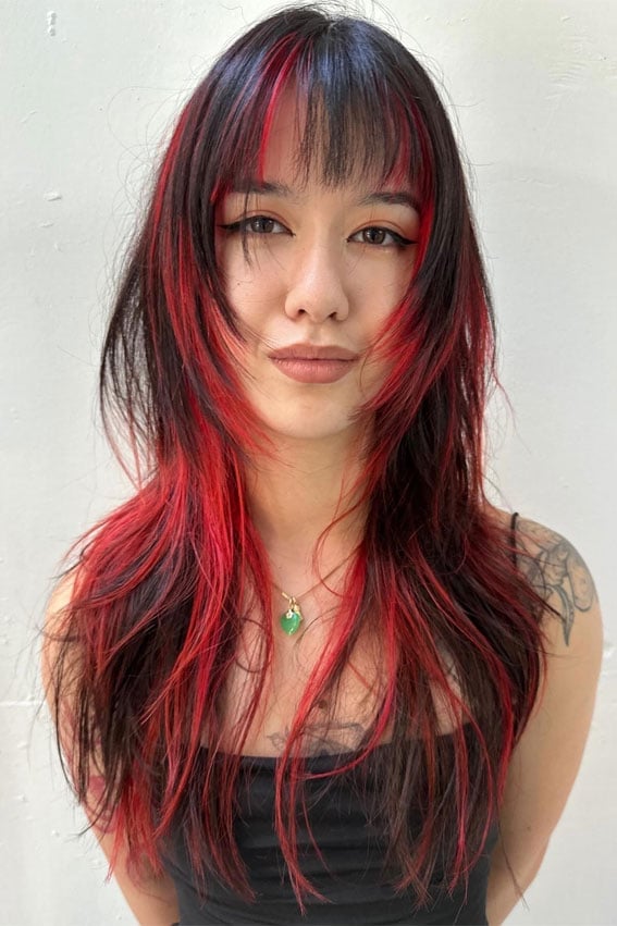 Fiery Red and Black Mid-Back Wolf Cut Fiery Red and Black Mid-Back Wolf Cut