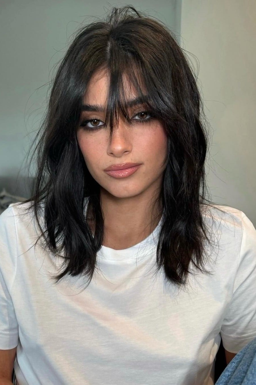 Dark Brown Shoulder Length Wolf Cut, Wispy Bangs Dark Brown Shoulder Length Wolf Cut, Wispy Bangs